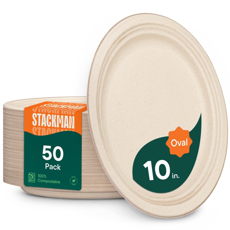 Stack Man 100% Compostable Oval Paper Plates [50-Pack] - {PFAS-Free} - {BPI Certified} - [10 Inch] Heavy Duty, Eco-Friendly, Biodegradable Bagasse Dinner Platters - Natural Brown 10" Oval Plates by Stack Man - Image 1